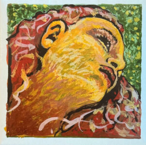 Painting of a person with red curly hair and yellow-toned skin, shown in close-up and viewed from the side. The background is green with scattered yellow spots. The person's expression is calm and thoughtful.