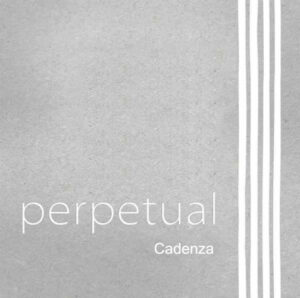 A gray background with four vertical white lines on the right side. The word “perpetual” appears in lowercase white letters on the left, and the word “Cadenza” is written in smaller white letters underneath.